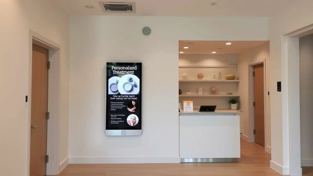 A modern spa reception with digital signage for personalized treatments.