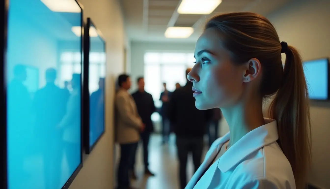 A woman in her 30s stands in a busy medical office waiting area.