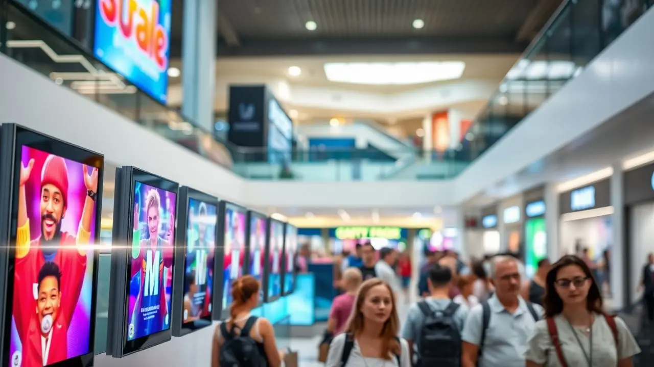 The photo depicts a busy, modern shopping mall with digital screens. The photo depicts a busy, modern shopping mall with digital screens.