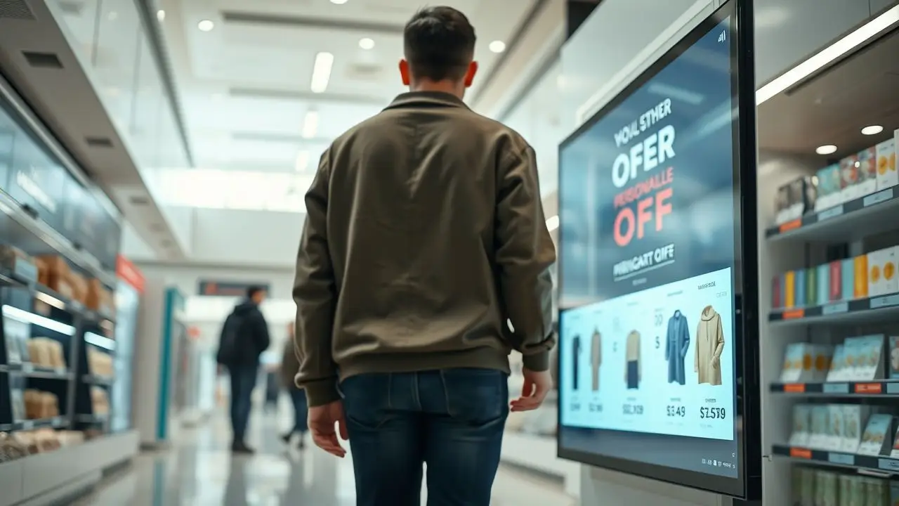 An AI-powered digital display in a retail store shows personalized offers.