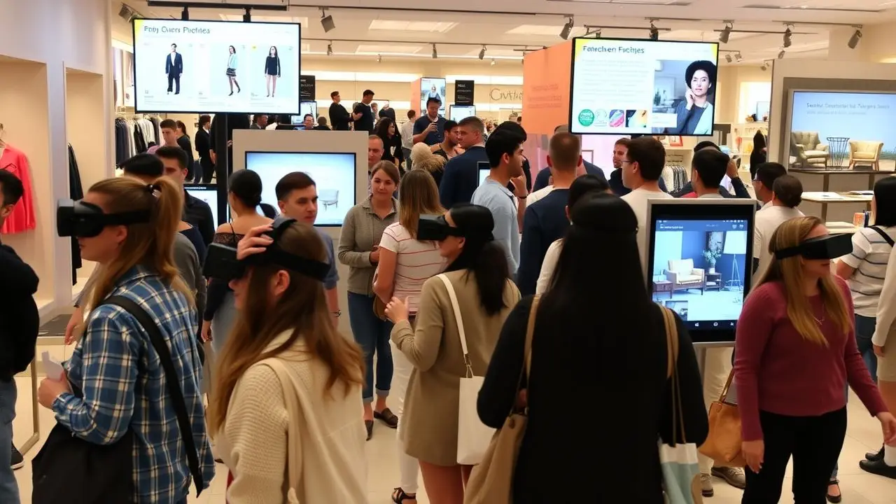 A retail store with smart screens, VR headsets, and interactive AR displays.