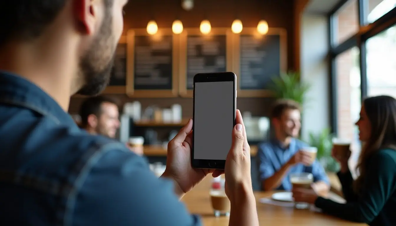 A relaxed coffee shop scene with digital menu boards and customers. A relaxed coffee shop scene with digital menu boards and customers.