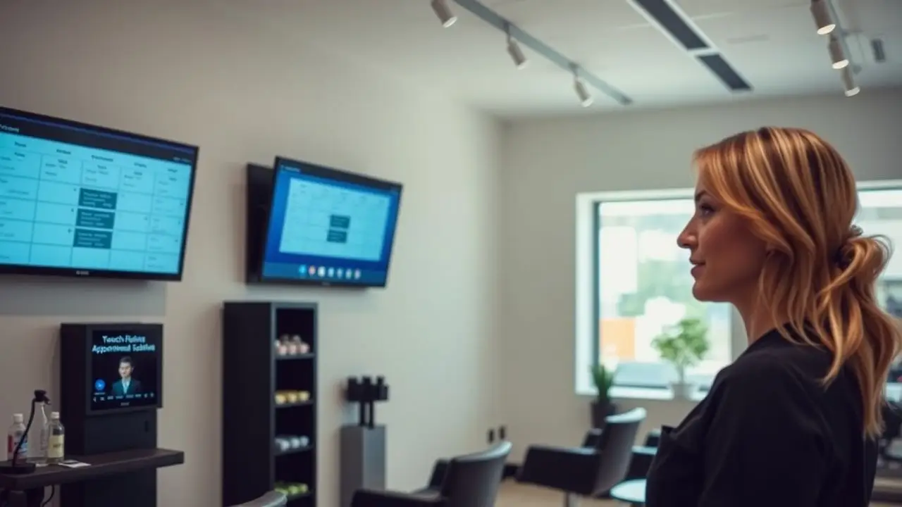 A modern salon with smart screens and touchless check-in stations.