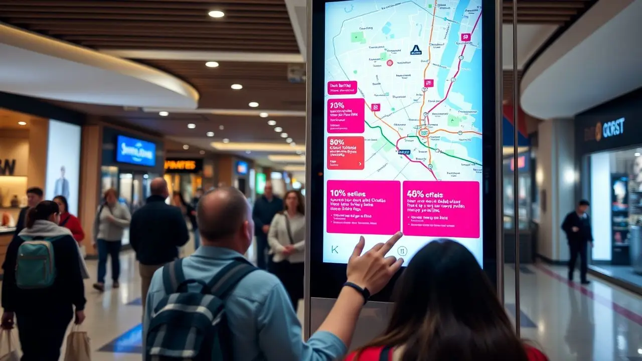A digital sign in a shopping mall displaying store map and sales information. A digital sign in a shopping mall displaying store map and sales information.