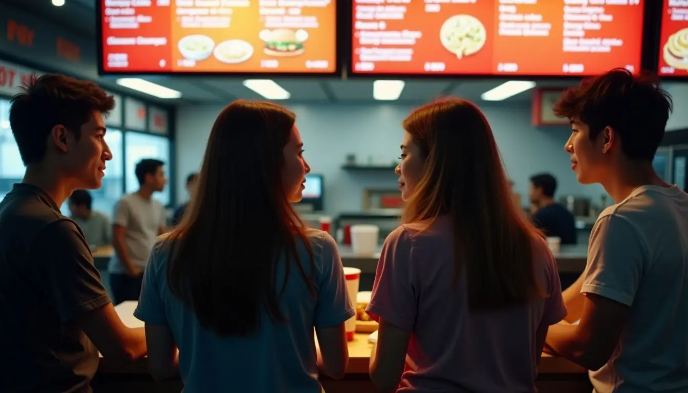 A group of young adults at a fast-food restaurant interact with a digital menu. A group of young adults at a fast-food restaurant interact with a digital menu.