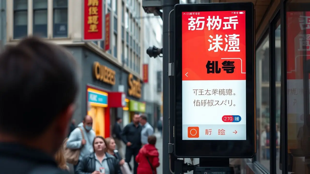 A digital sign with bright graphics and clear text on a busy urban street. A digital sign with bright graphics and clear text on a busy urban street.