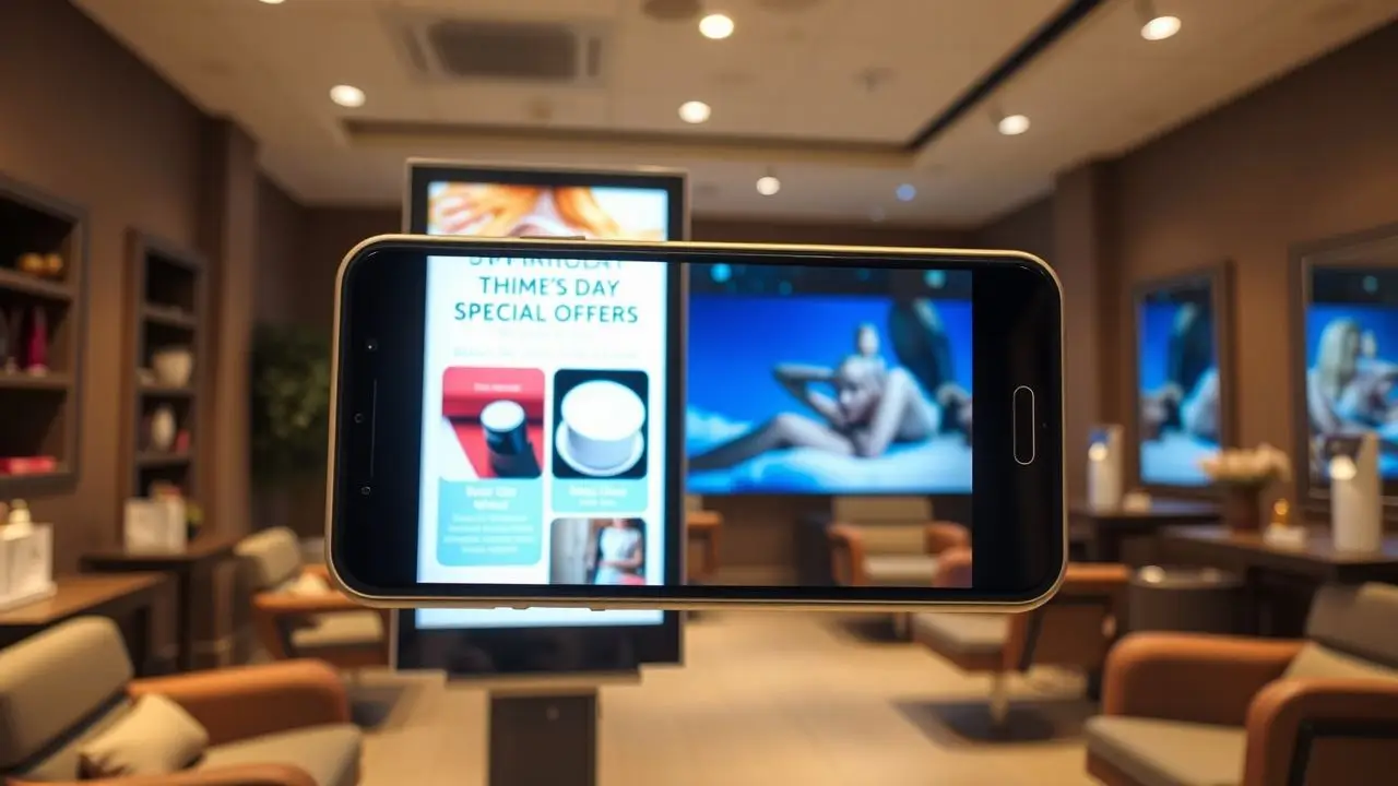 A modern salon displaying special offers on a digital signage screen.