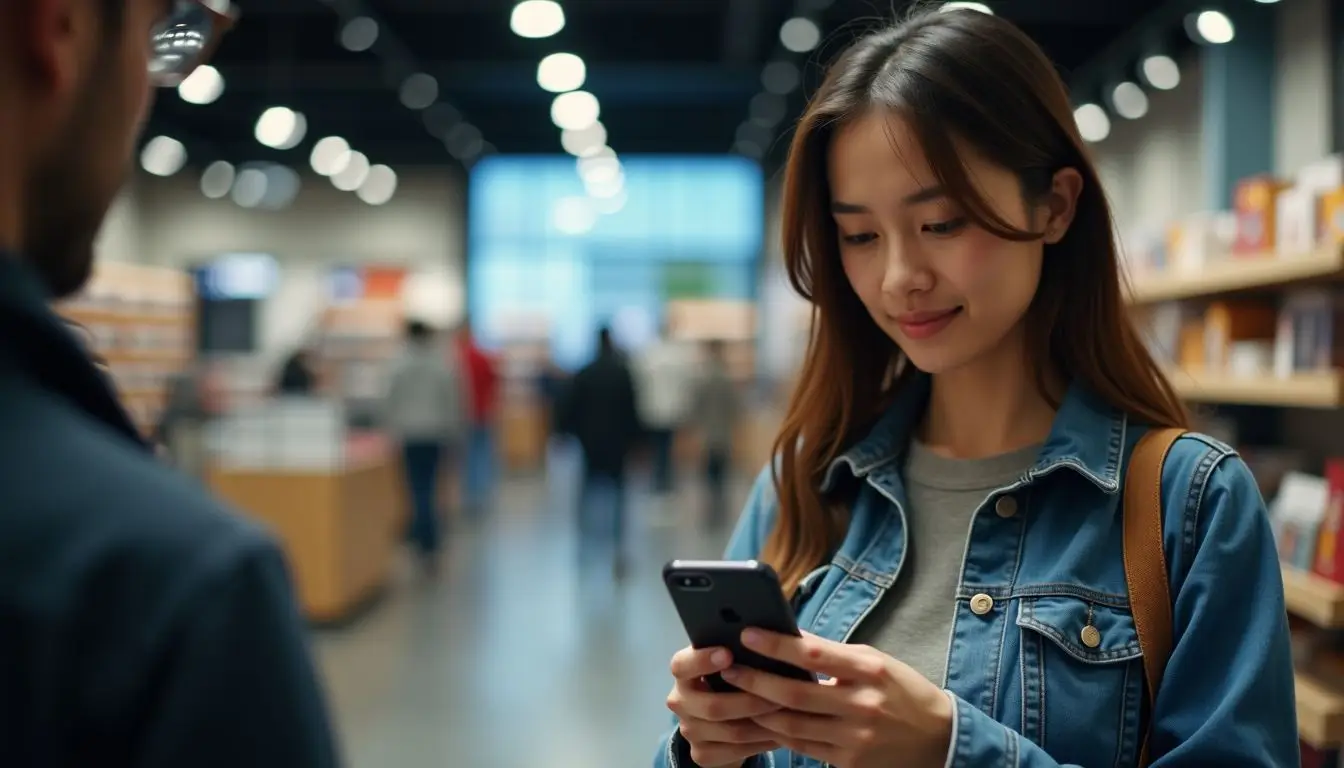 A customer scans a QR code while shopping in a modern store.