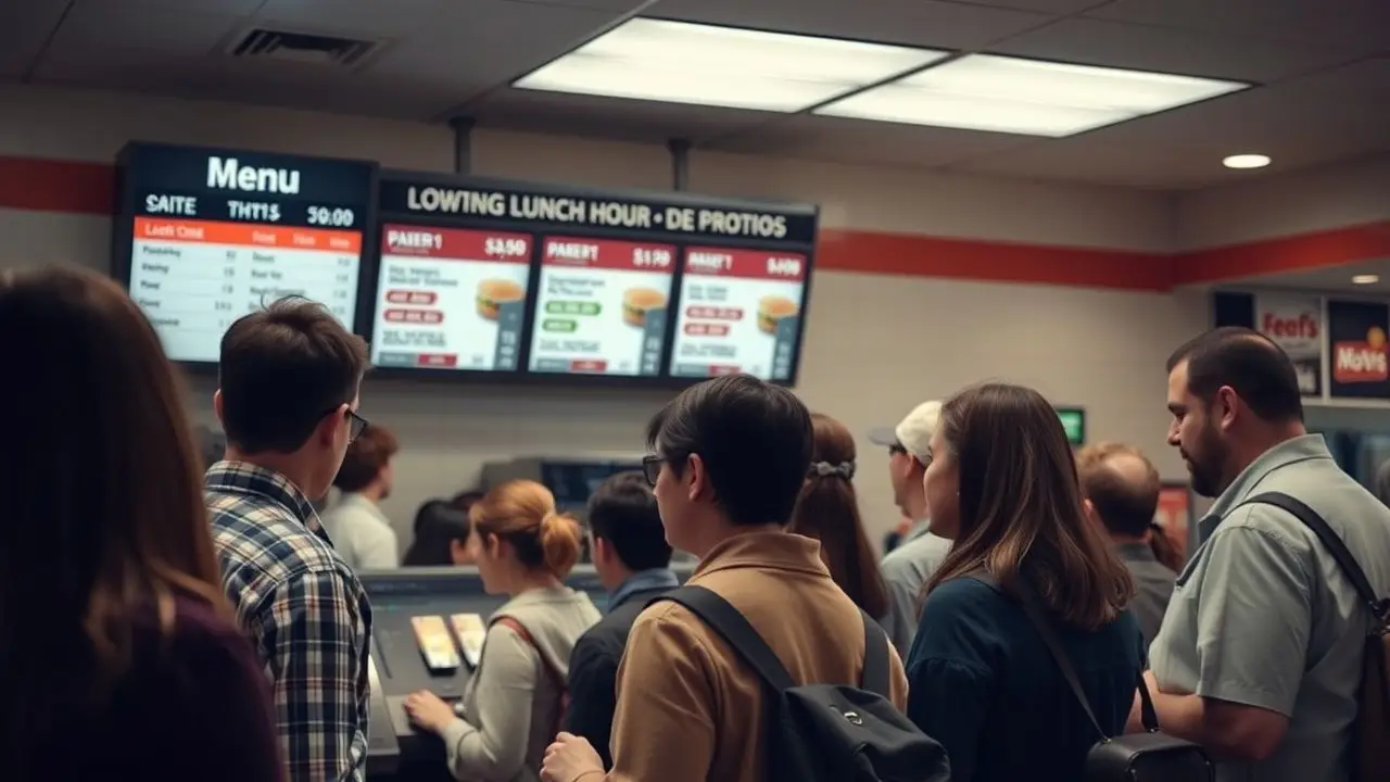 Busy fast-food restaurant with digital menu board and self-service kiosks. Busy fast-food restaurant with digital menu board and self-service kiosks.