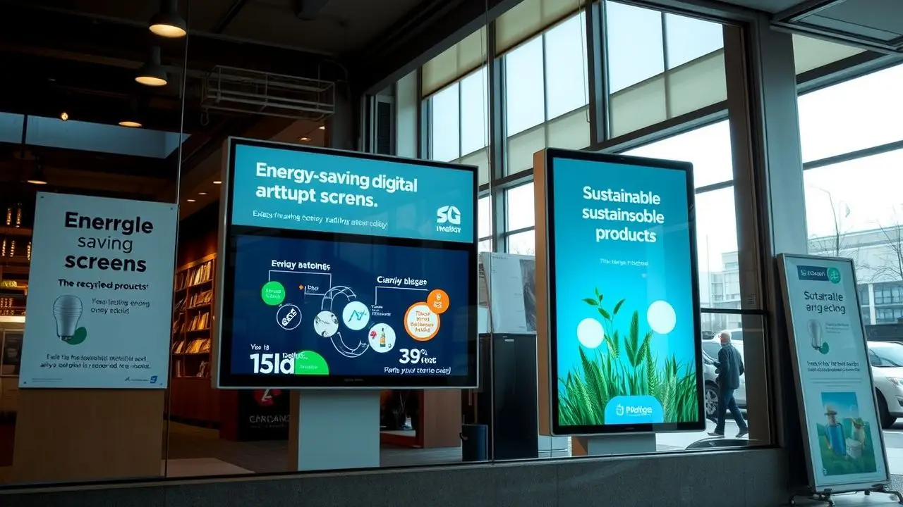 A retail store window display promotes sustainable products using digital screens.
