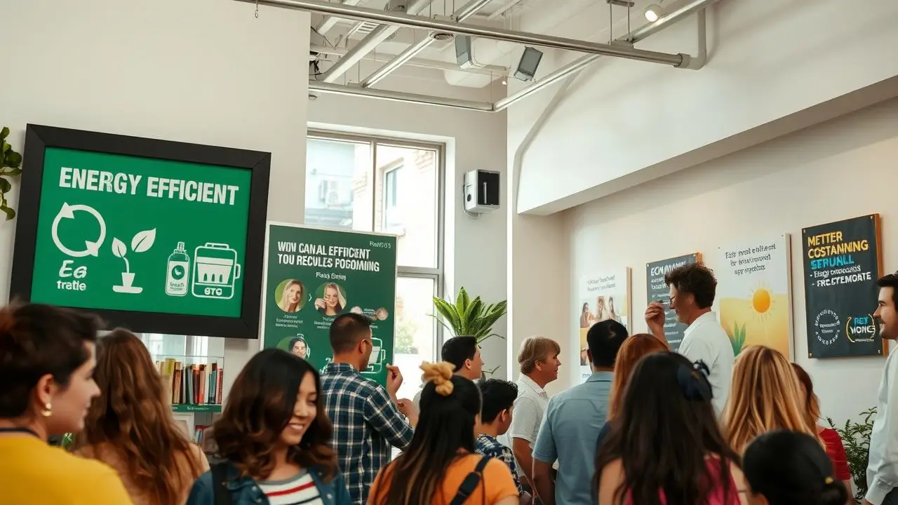 A sustainable salon with eco-friendly signage, diverse community, and cost-saving measures. A sustainable salon with eco-friendly signage, diverse community, and cost-saving measures.