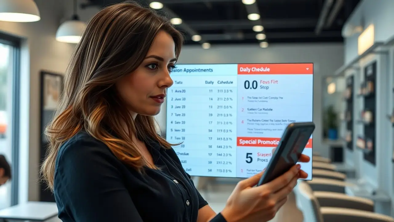 A female hairstylist managing salon appointments and schedules on a digital screen.