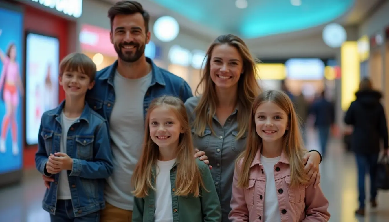 A family of four enjoys a lively visit to a modern shopping mall. A family of four enjoys a lively visit to a modern shopping mall.