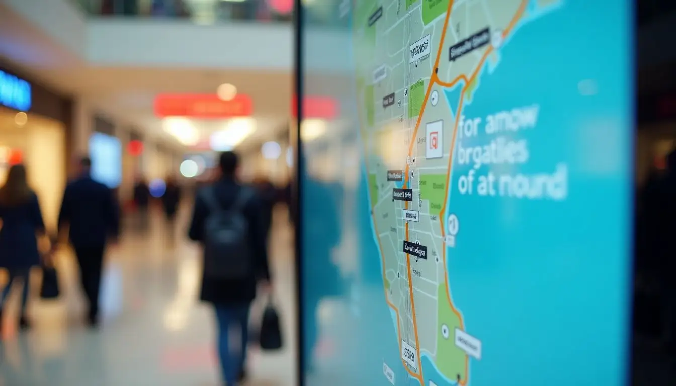 An interactive map in a shopping mall helps shoppers find stores. An interactive map in a shopping mall helps shoppers find stores.