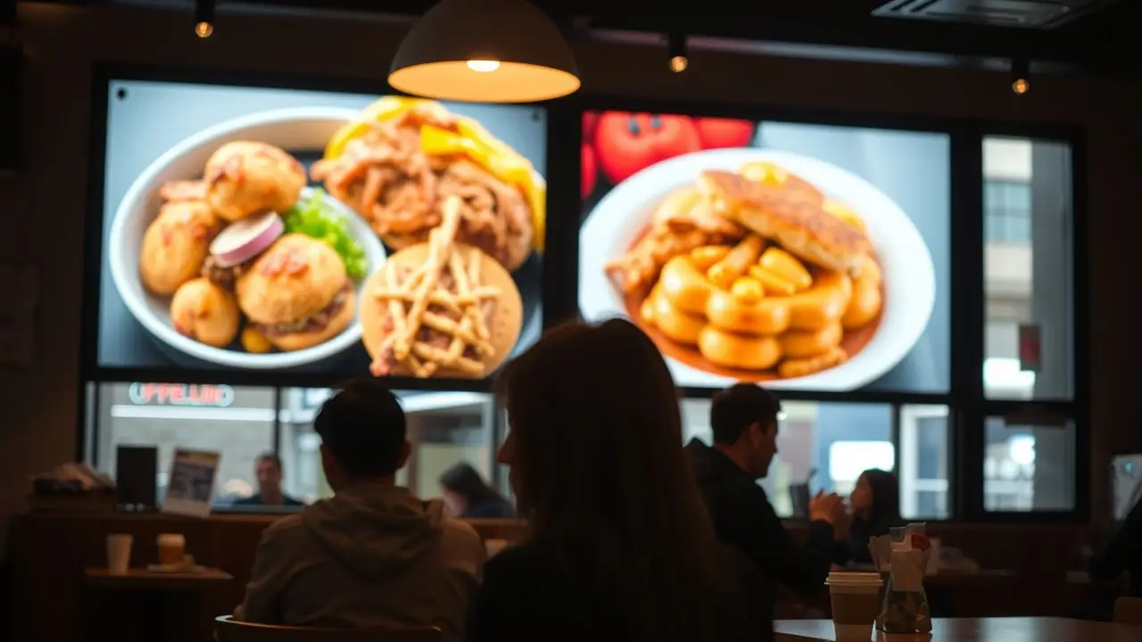 A cozy coffee shop with modern digital menu displays and patrons. A cozy coffee shop with modern digital menu displays and patrons.