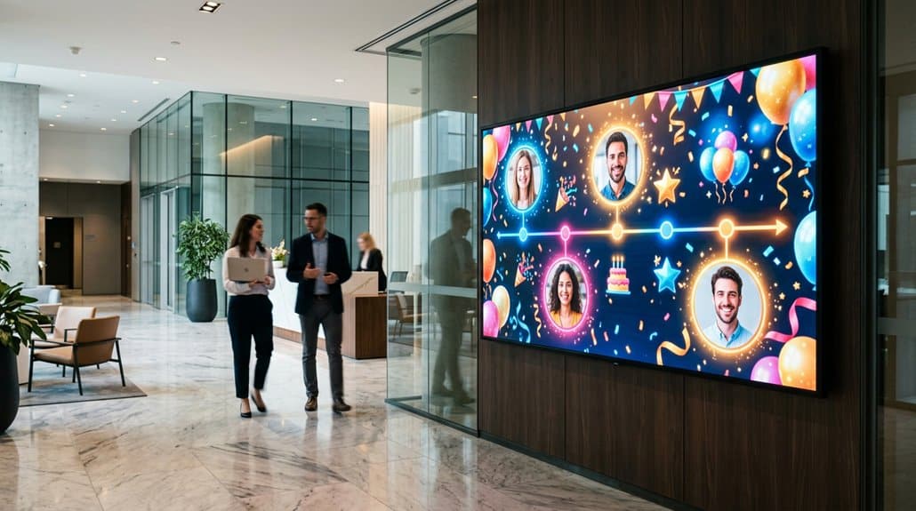Creative Workplace Content Ideas Using Birthday and Anniversary Boards on Digital Signage 1 celebrating employees with signage