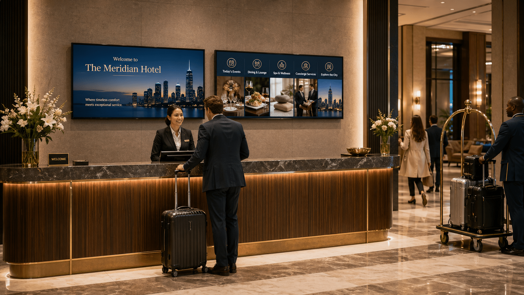 High-impact digital posters for building lobbies and elevators.