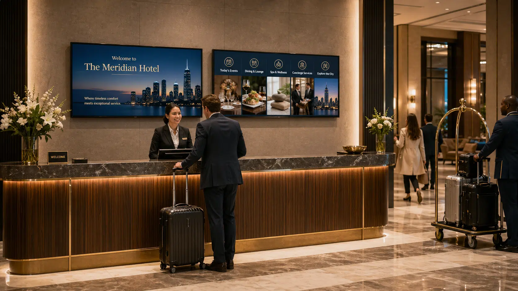 High-impact digital posters for building lobbies and elevators.